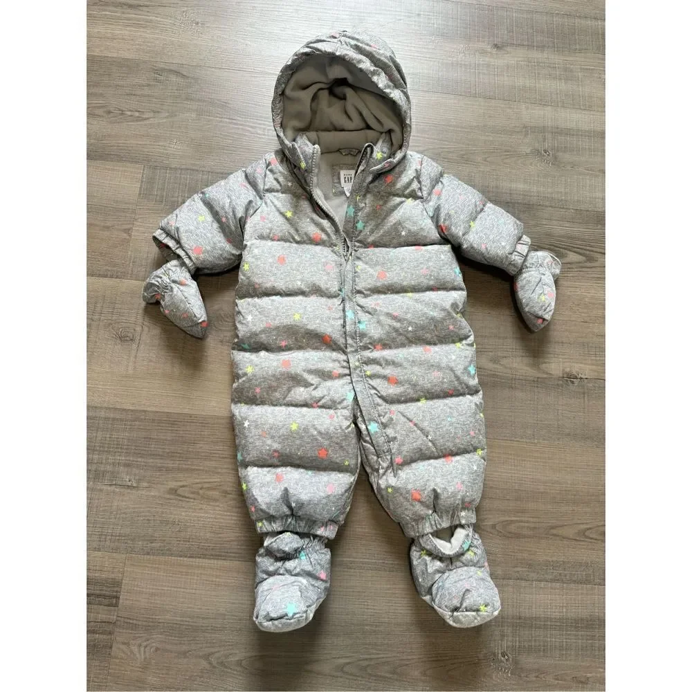 Baby Gap Unisex 0-6MO One Piece Footie Fleece Lined Grey Star Outfit